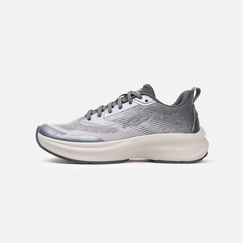 Shoe with mesh upper and metallic hot melt overlays, mesh lining, rubber heel counter, Speedsole insole system, and EVA midsole with rubber outsole. Transparent ETPU and EVA foam provide high-rebound cushioning, energy return, lightweight comfort, stability, and impact protection.